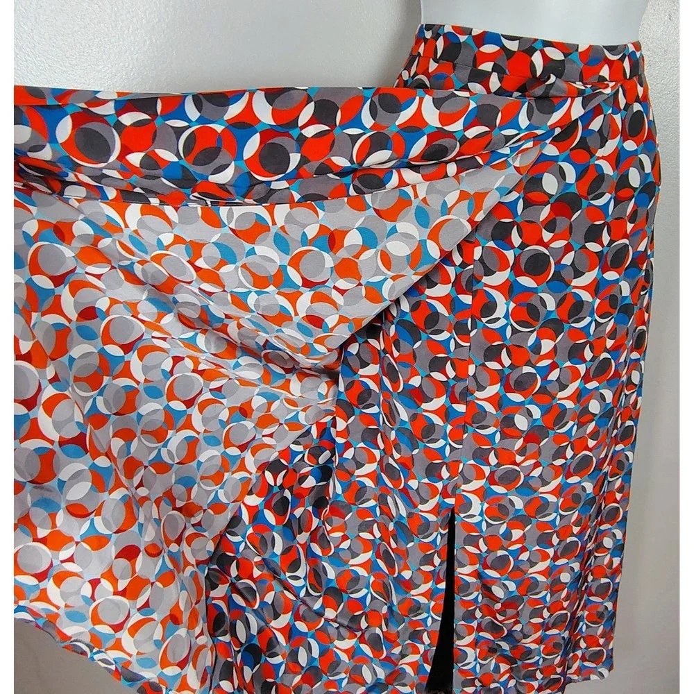 Silk Geometric Circle Print Maxi Skirt Red Blue Grey Size 10 Wrap Front Slit - Picture 8 of 13